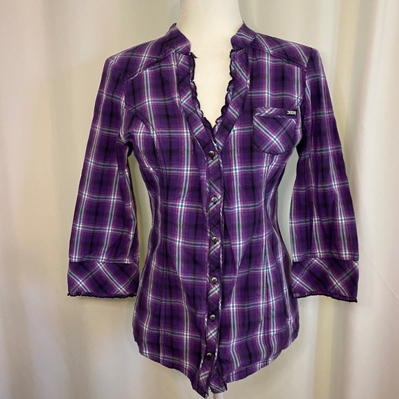 Guess Purple Plaid Button‎ Down Shirt 3/4 Sleeve  M - Picture 1 of 11